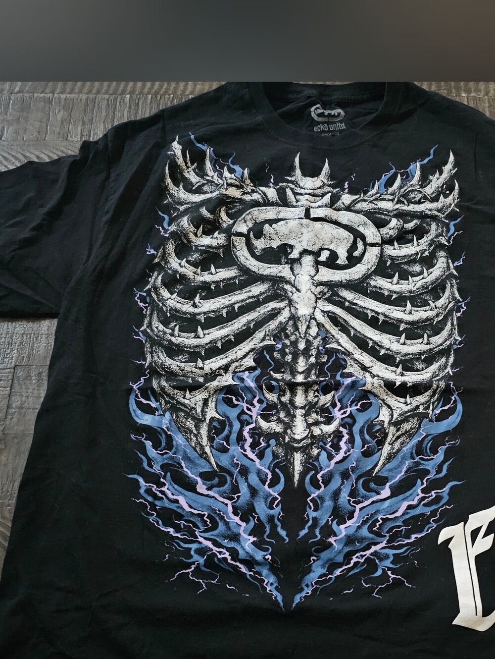 Ecko Unltd Mens Skeleton Rhino Lightning Graphic T-shirt Black Size XL Y2K